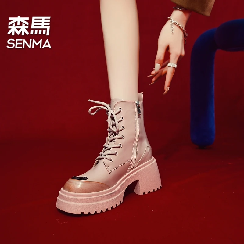 SENMA/森马7cm厚底擦色马丁靴潮女秋冬方头高跟小短靴百搭瘦瘦靴