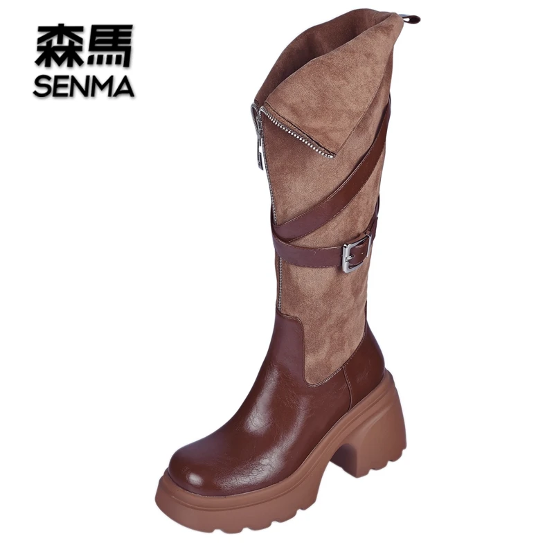 SENMA/森马8cm厚底高筒靴时尚复古前拉链粗跟骑士靴时装长靴圆头