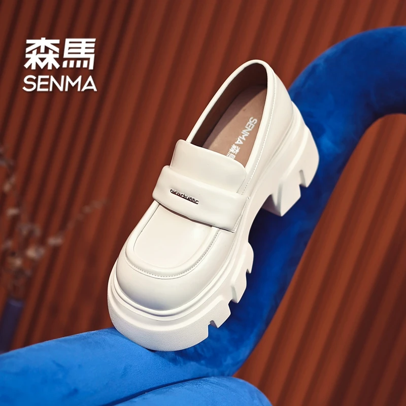 SENMA/森马6cm英伦风小皮鞋女百搭厚底乐福鞋方头深口单鞋