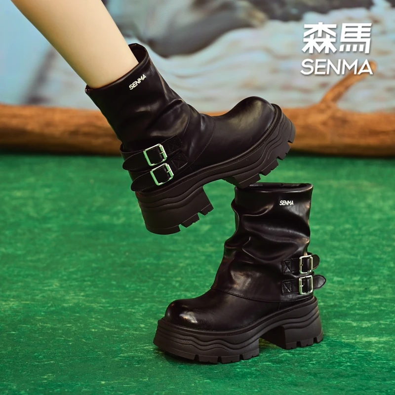 SENMA/森马7cm甜酷时尚裤管靴女2024年新款圆头厚底短靴马丁靴