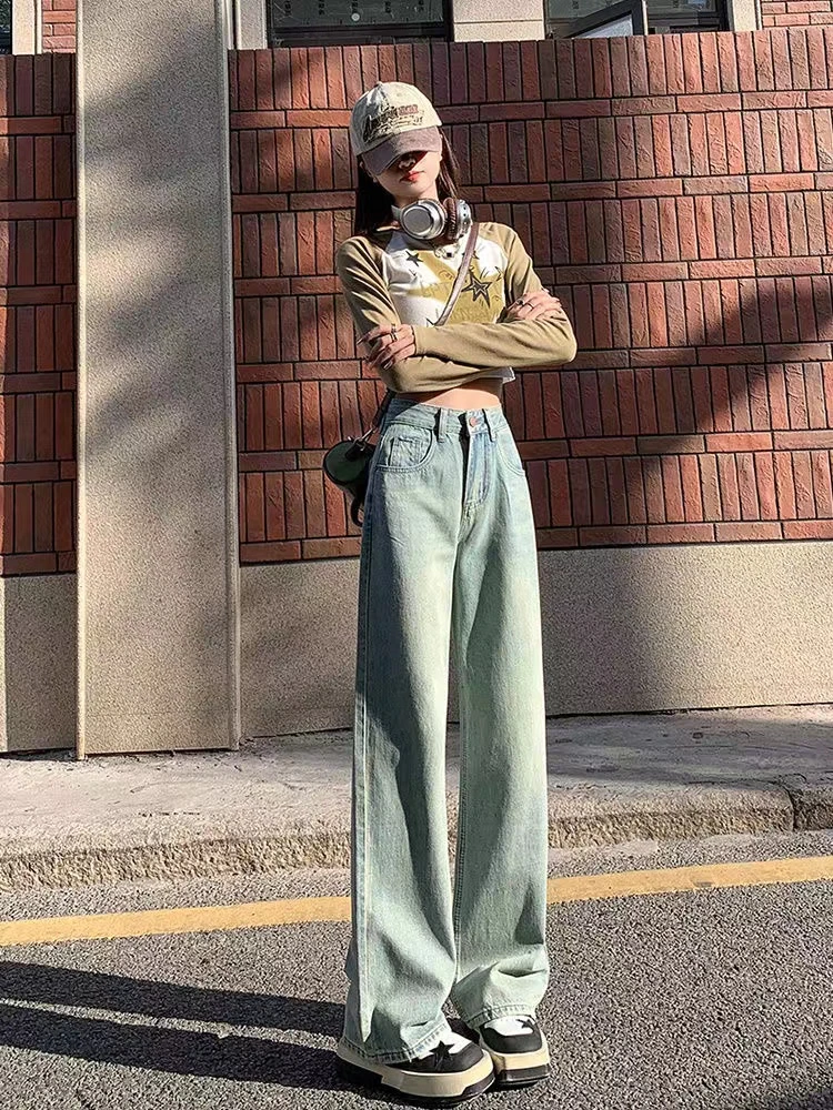 【牛】港味高腰阔腿珍珠牛仔裤女秋季款直筒裤宽松显瘦拖地长裤子