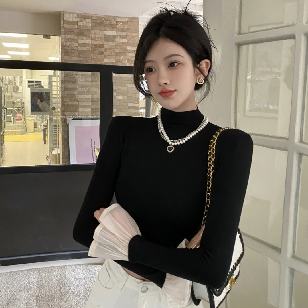 双面德绒秋冬季辣妹风半高领拼接喇叭袖紧身显瘦气质内搭打底衫