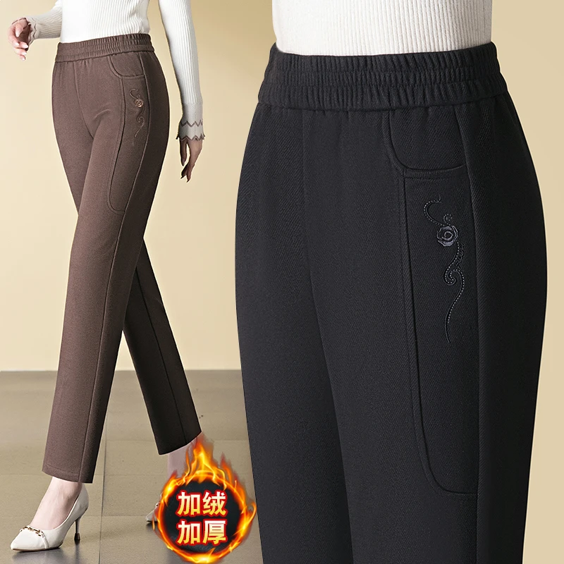 妈妈秋冬装中老年人女松紧腰直筒裤子老太太绣花加绒厚款长裤9011