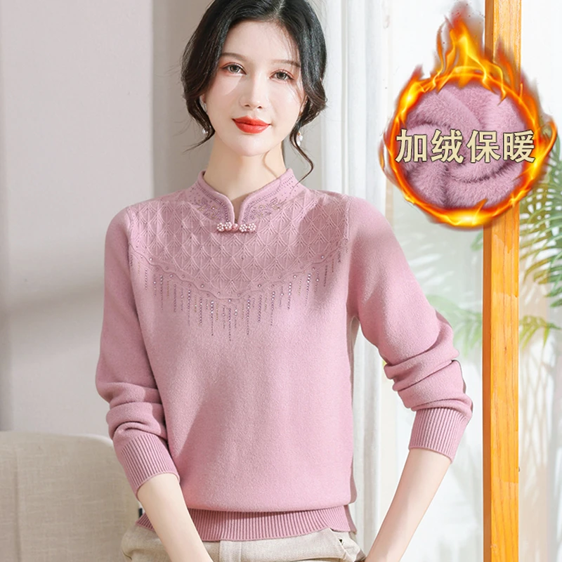 2362秋冬妈妈装加绒加厚长袖毛衣打底衫中老年人女装保暖针织上衣