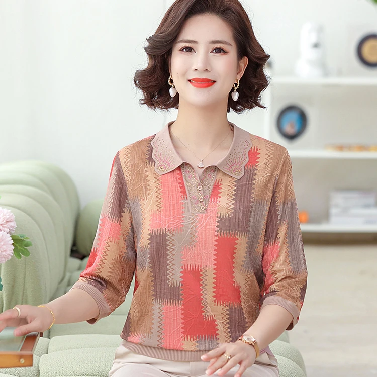 9906洋气中老年妈妈装夏季七分袖翻领T恤气质中年女装薄款上衣服