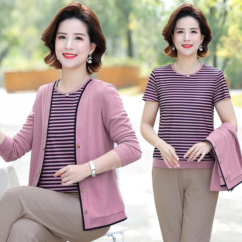 中年妈妈秋装两件套上衣中老年人女时尚洋气长袖针织开衫春秋套装