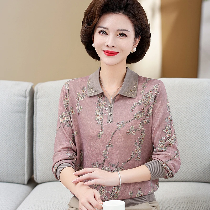 春秋时尚妈妈装中年长袖洋气上衣中老年女装夏季大码翻领T恤1505