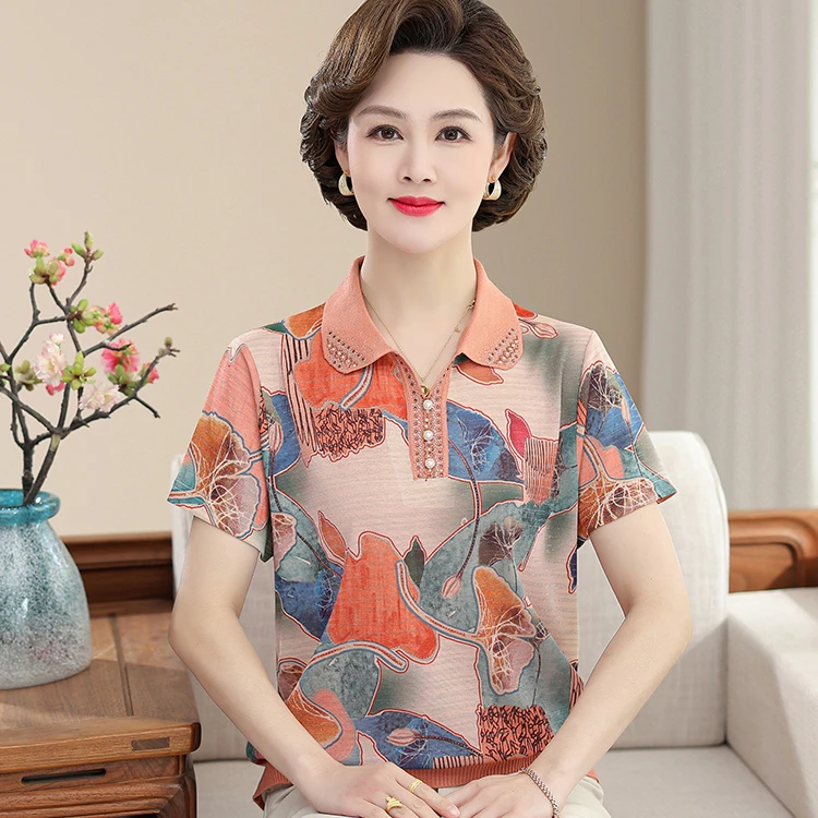 中年妈妈夏装短袖T恤新款中老年女时尚大码翻领小衫洋气衬衫1510