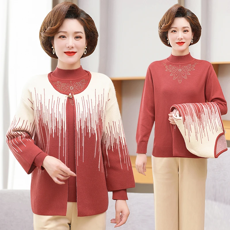 时尚妈妈装春秋针织衫外套大码上衣中老年人女洋气毛衣两件套装