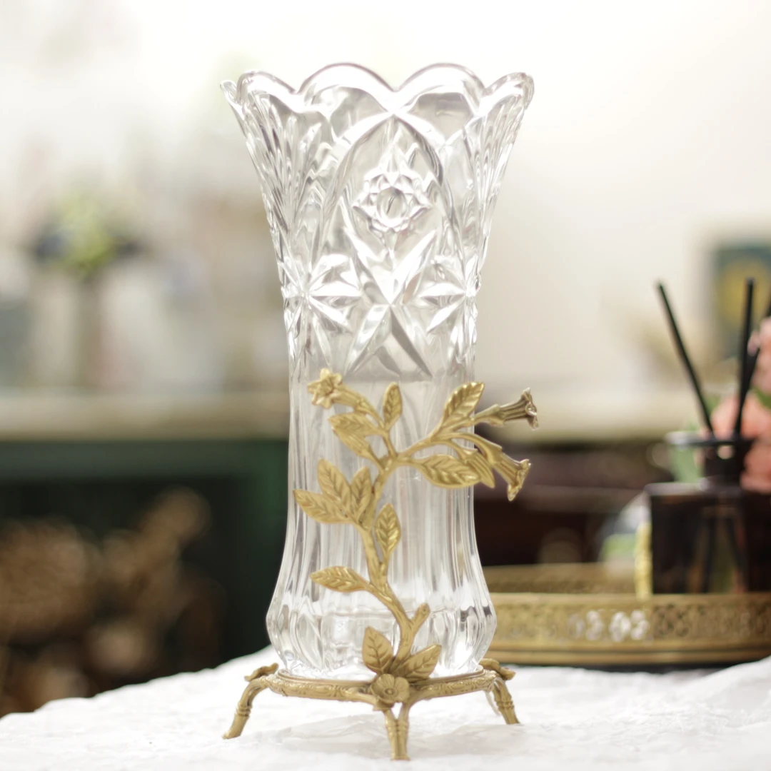 【茉奈家居】水晶玻璃镶铜花瓶笔筒家居客厅边柜摆件中古欧式描金
