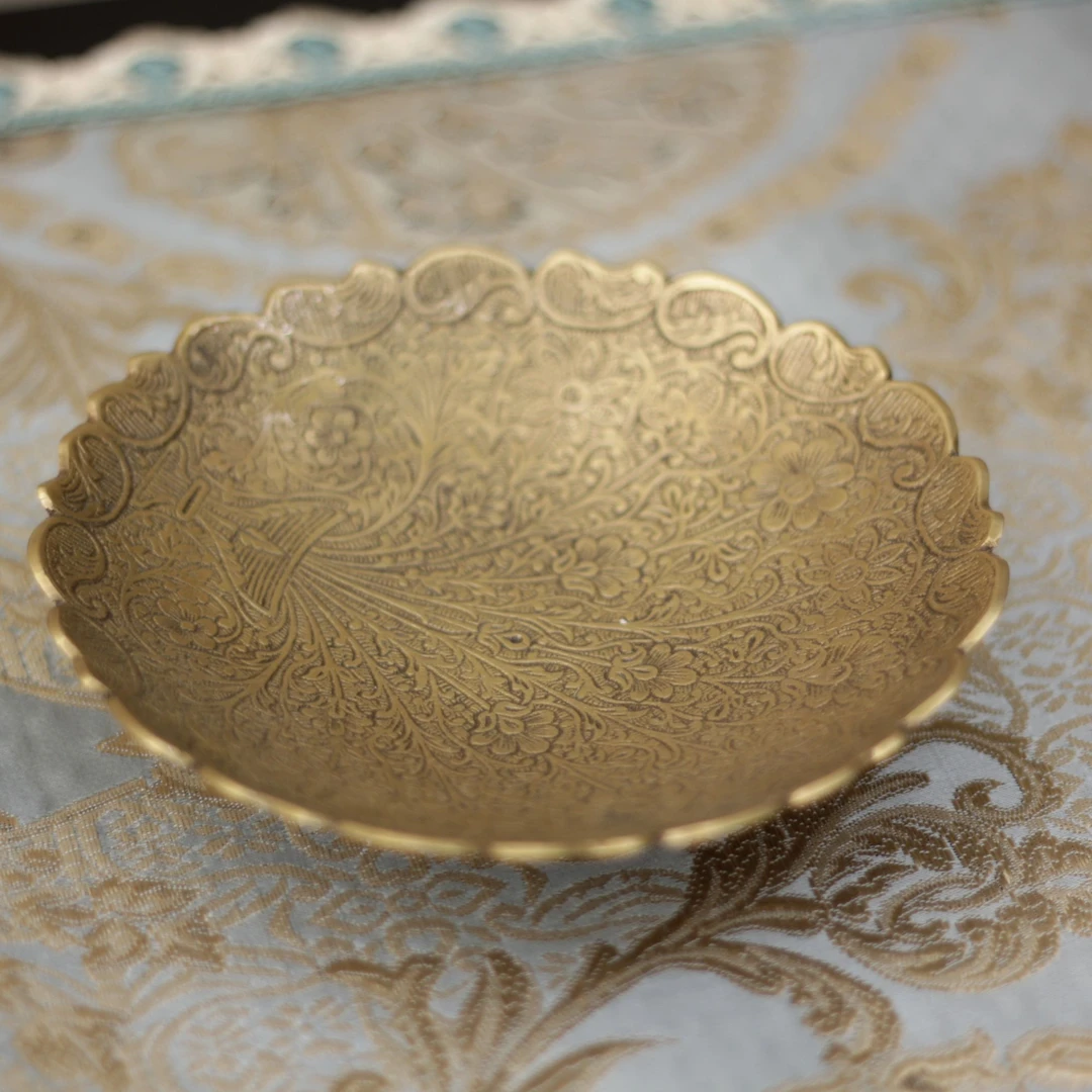 【茉奈家居】进口手工黄铜雕花糖果收纳盘托盘美式欧式复古大号彩绘