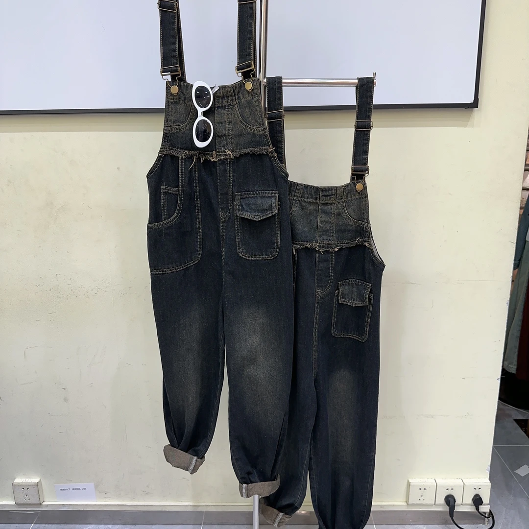 【个性设计感毛边背带裤】6801拼接小心机百搭遮肉显瘦背带裤