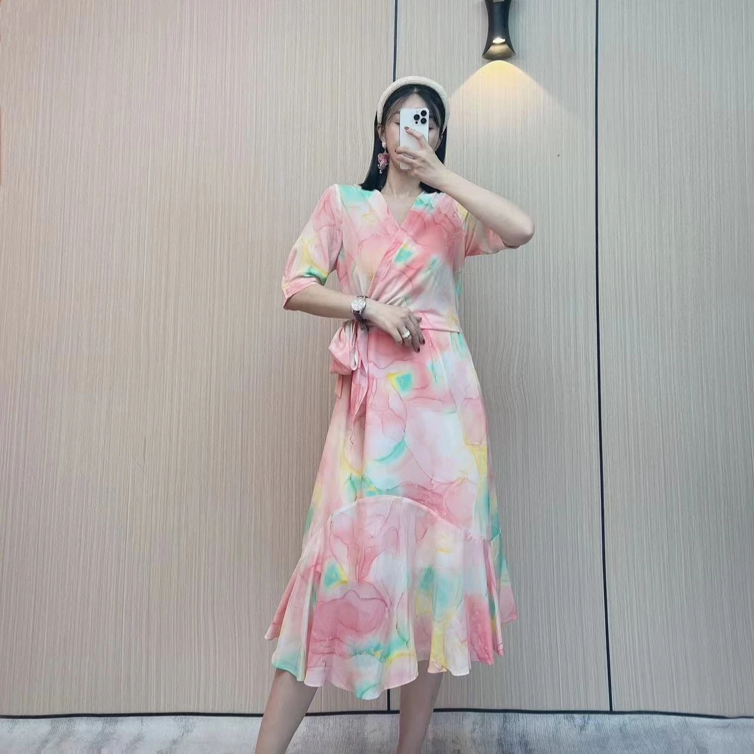 【初翠】2023年桑蚕丝夏超显瘦连衣裙夏季复古时尚修身印花网红长裙