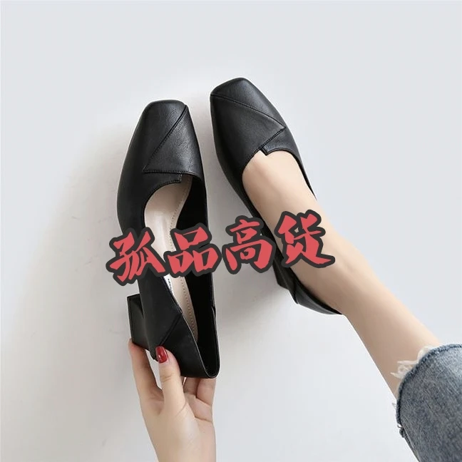 1新款春秋方头粗跟单鞋女软皮中跟小皮鞋软底