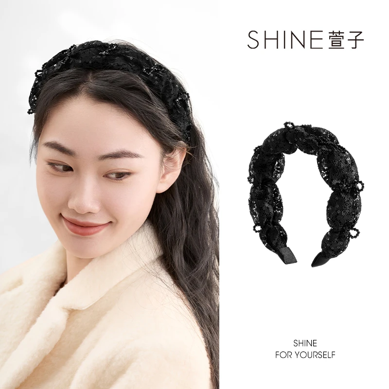 萱子SHINE时尚优雅蕾丝布艺网红甜美发卡发箍黑色宽边法式气质