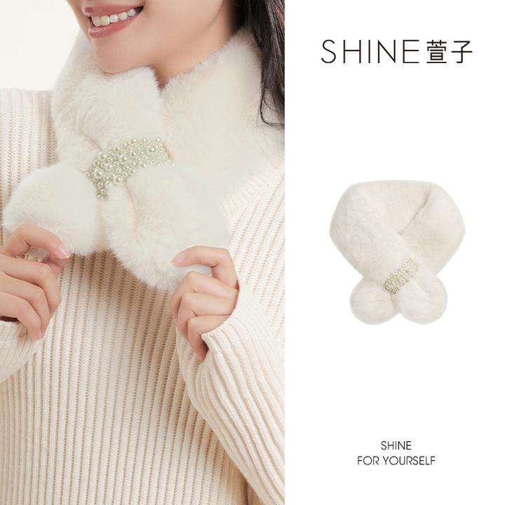 萱子SHINE时尚白色百搭毛绒加绒加厚秋冬冬款保暖围脖