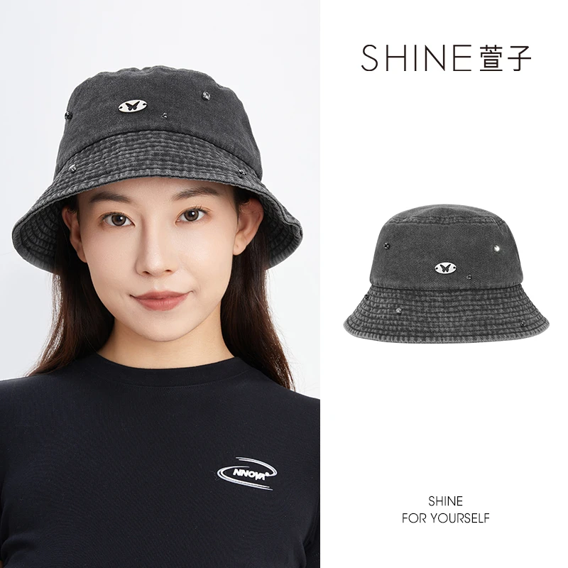 萱子饰品休闲水洗黑牛仔点钻渔夫帽