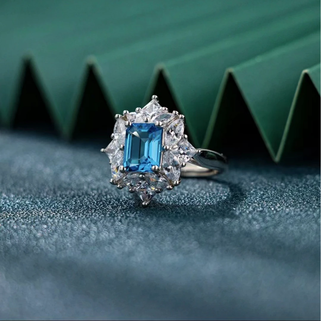 天然瑞士蓝银戒托帕石戒指气质轻奢时尚925银镶嵌