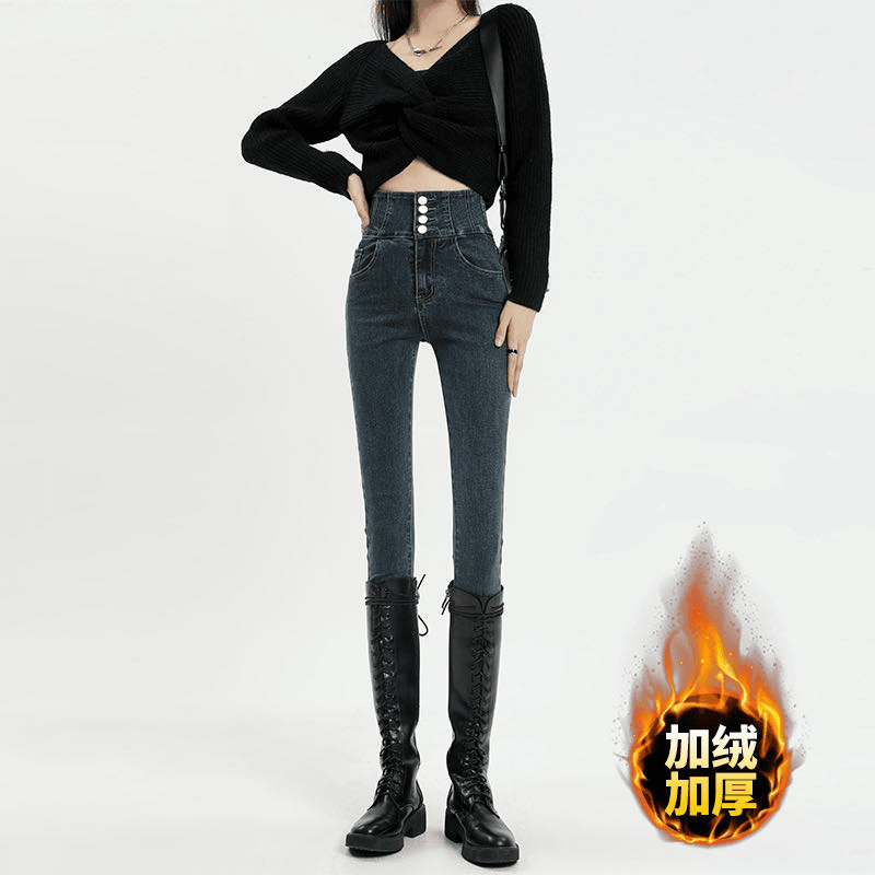 秋冬修身高腰小脚裤加绒加厚显瘦洋气百搭小个子弹力铅笔牛仔裤女