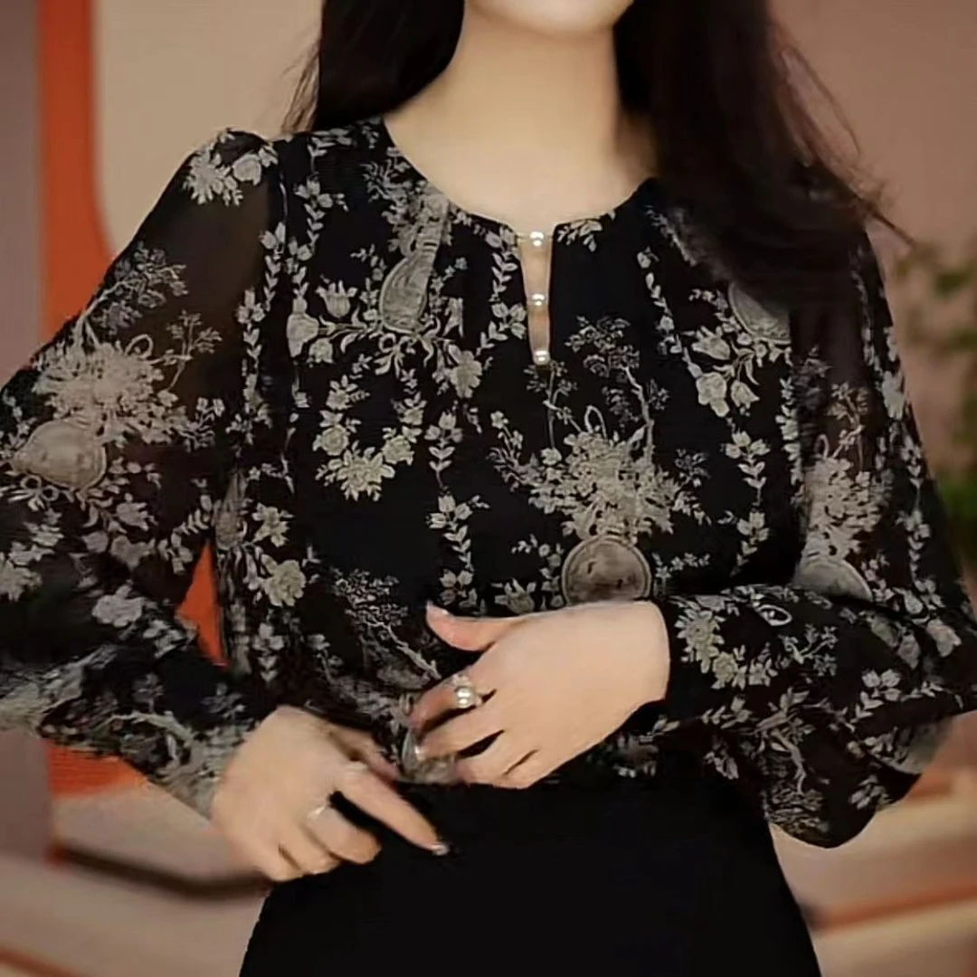 Q9979时尚雪纺衫拼接碎花小衫女2025春夏季新款减龄衬衫上衣女