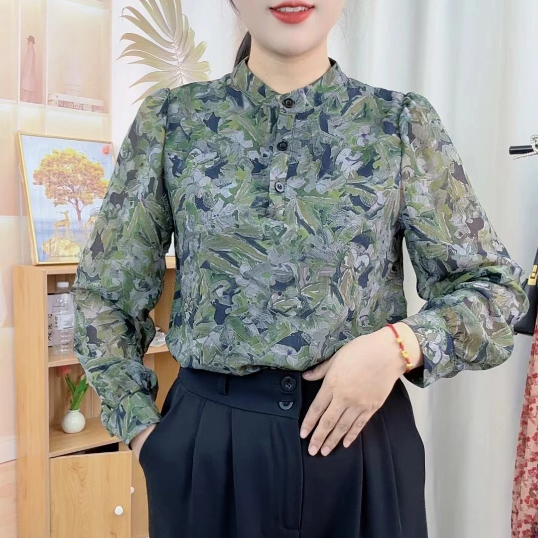 X9997新款碎花衬衫气质复古减龄宽松遮肚显瘦百搭长袖小衫上衣女