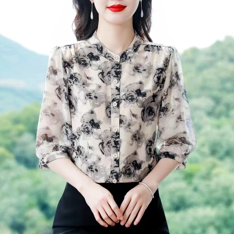 X9957高档时尚七分袖雪纺衫女2025夏季新款洋气衬衣碎花减龄小衫