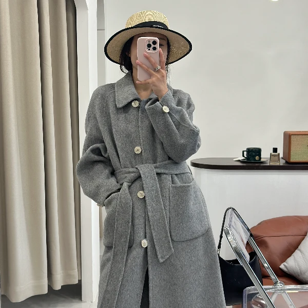 搭袢钮扣长毛双面呢大衣毛呢羊毛大衣长款宽松休闲秋冬【23125】