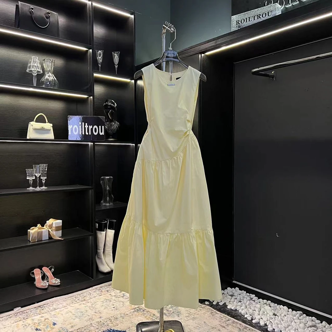 roiltrou夏季小众设计感纯色拼接不规则褶皱连衣裙ZA1524210367