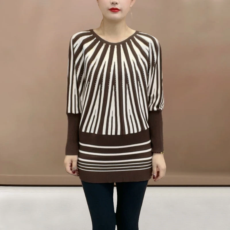 2025春季新款洋气加绒条纹针织小衫遮肉时尚减龄妈妈装长袖打底衫