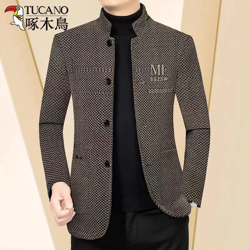 啄木鸟毛呢大衣2025新款中年男士夹克立领帅气商务男装休闲男外套