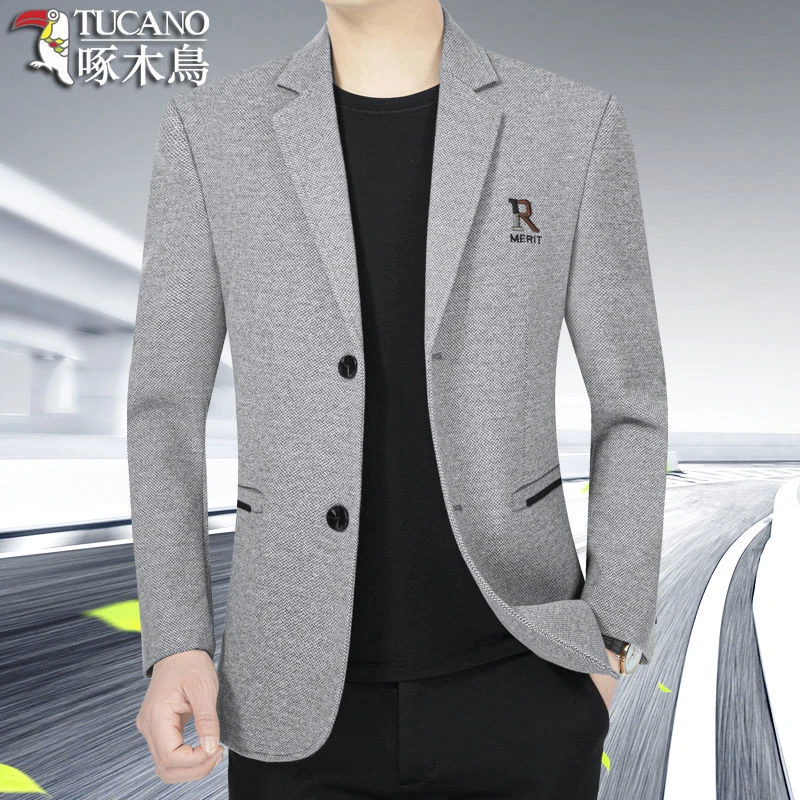 啄木鸟正品男士西服上衣中年毛呢外套休闲西装男士小西服春秋装