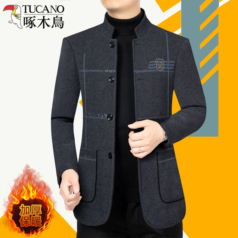 啄木鸟2025正品毛呢夹克中年男士立领外套加厚保暖秋冬新款男装
