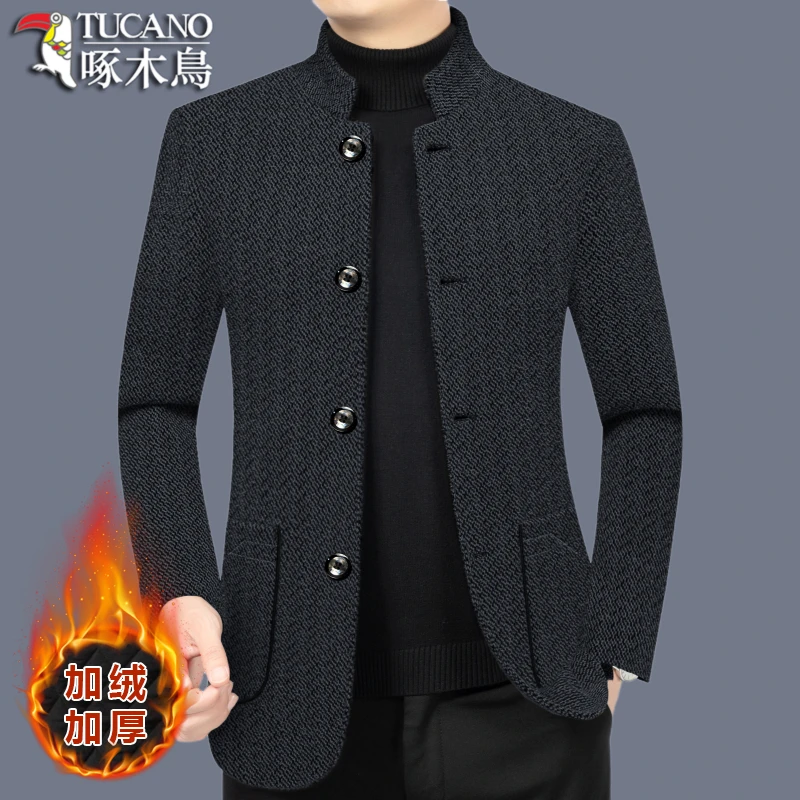 啄木鸟正品男士毛呢大衣加绒加厚呢子夹克冬季外套中年男装中山领