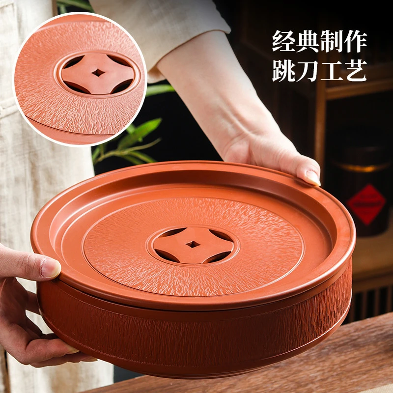 潮州朱泥大红袍茶盘跳刀古钱圆形紫砂功夫茶盘陶瓷茶台储水式茶船