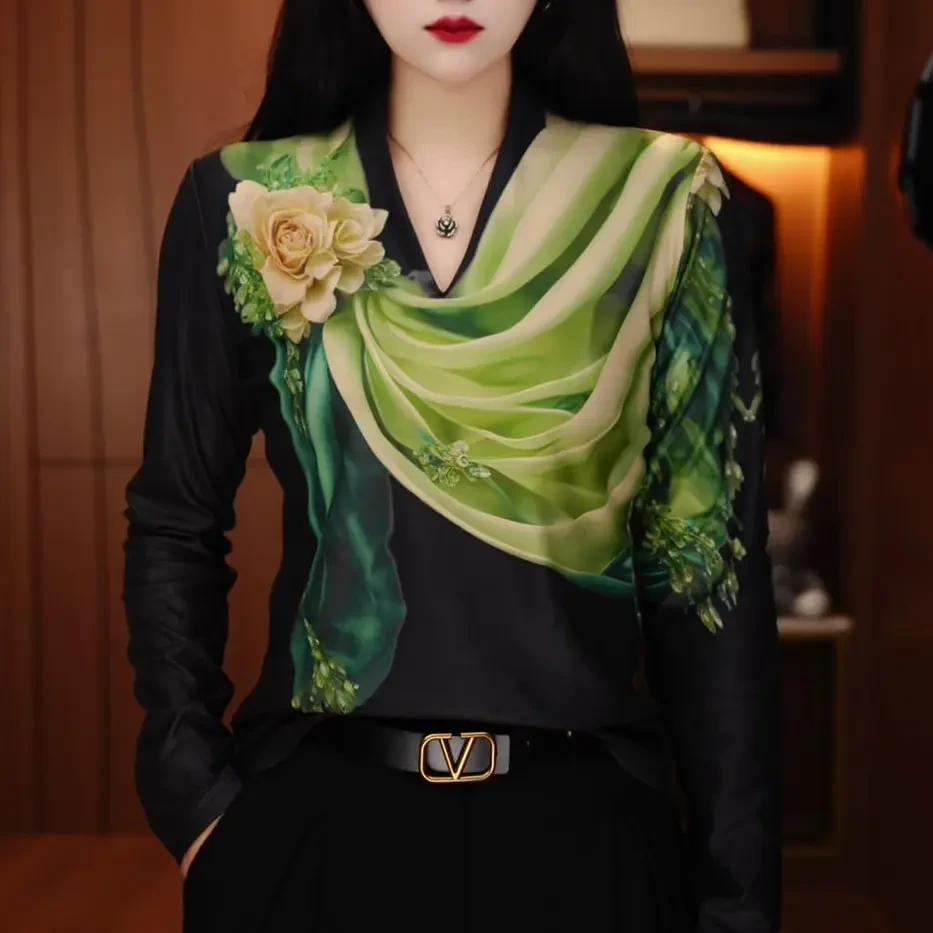 时尚秋冬新款南油原创显瘦立体定位印花长袖保暖T恤