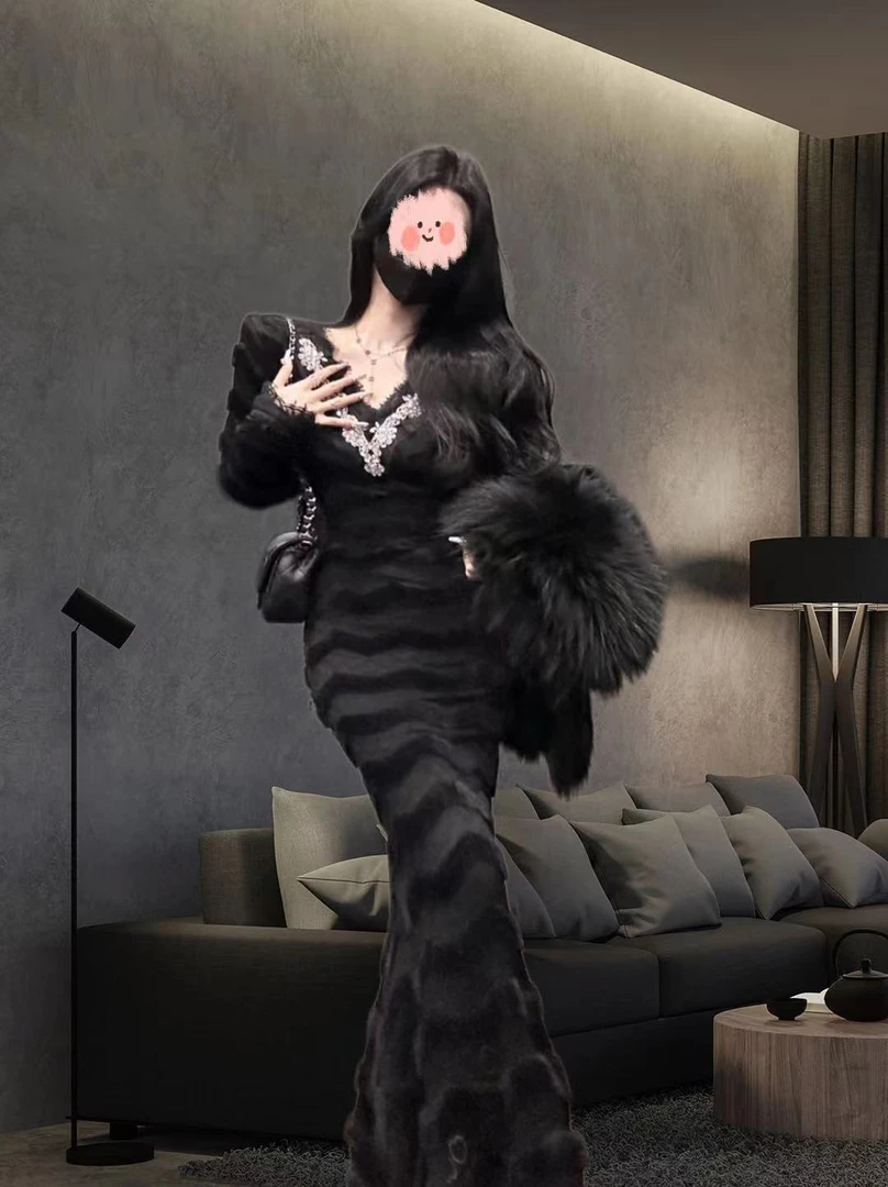 秋冬v领连衣裙女蕾丝花边长袖新款显瘦钉钻修身包臀长裙女