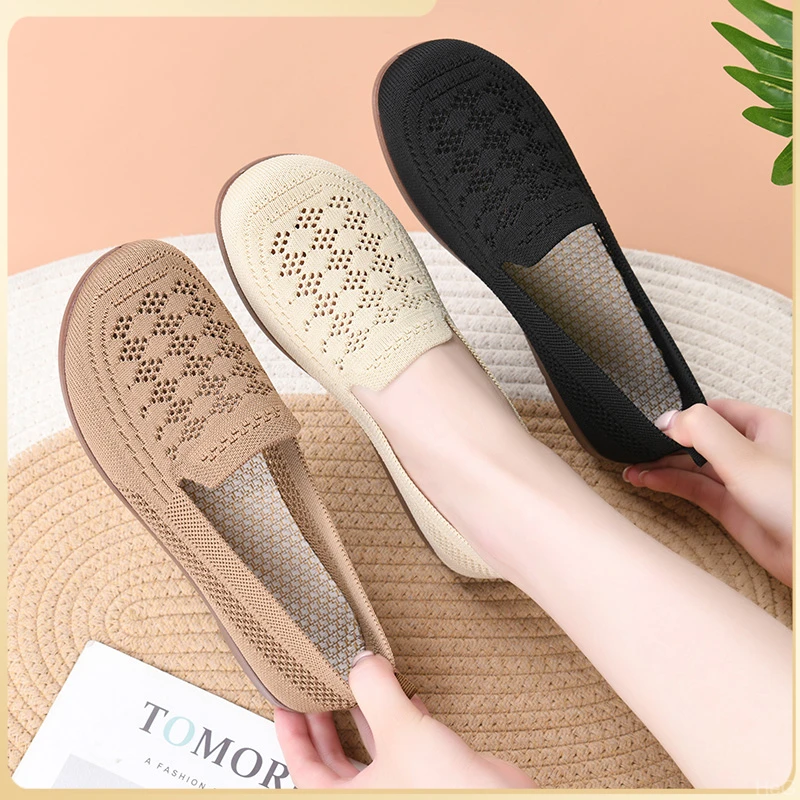 夏季老北京布鞋女软底休闲百搭透气妈妈鞋浅口飞织镂空一脚蹬女鞋