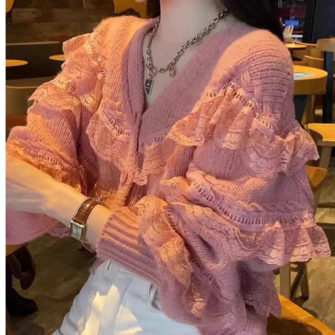 温柔系春秋装蕾丝设计感针织开衫小众气质甜美独特短款长袖上衣女