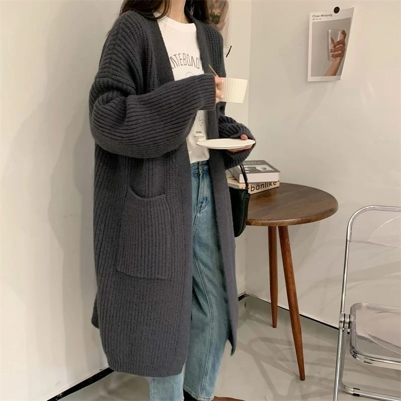 秋季气质百搭韩版长袖加厚中长款外套女舒适过膝毛衣开衫口袋大衣