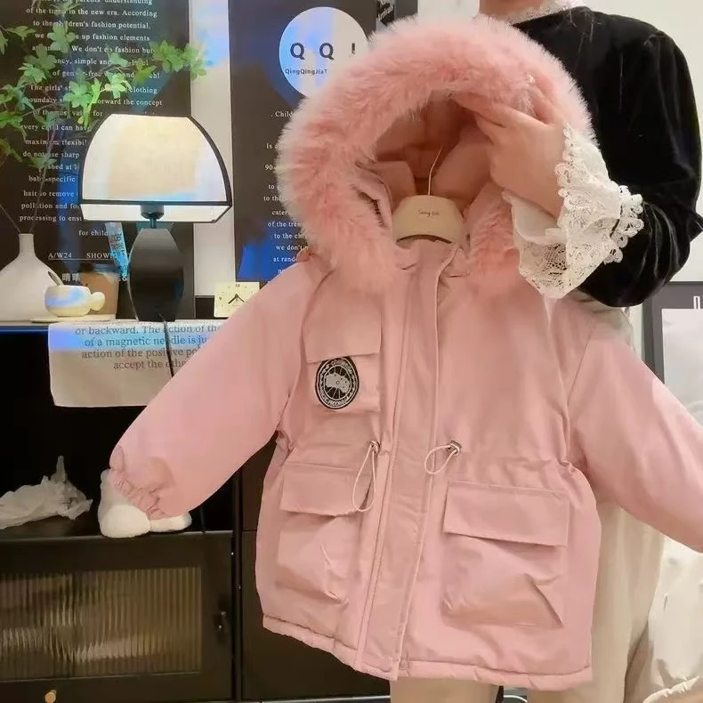 韩版时尚冬季女儿童加厚夹棉加绒连帽中长款棉衣袄派克棉服