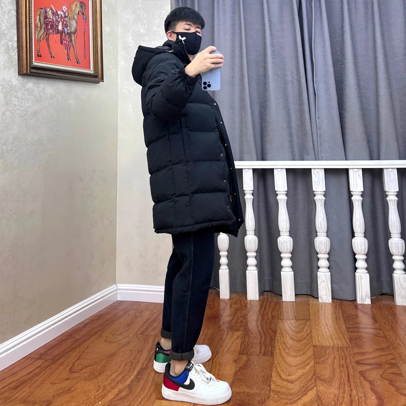 新款加厚连帽羽绒服男中长款立领男士保暖冬装外套长款白鸭绒休闲
