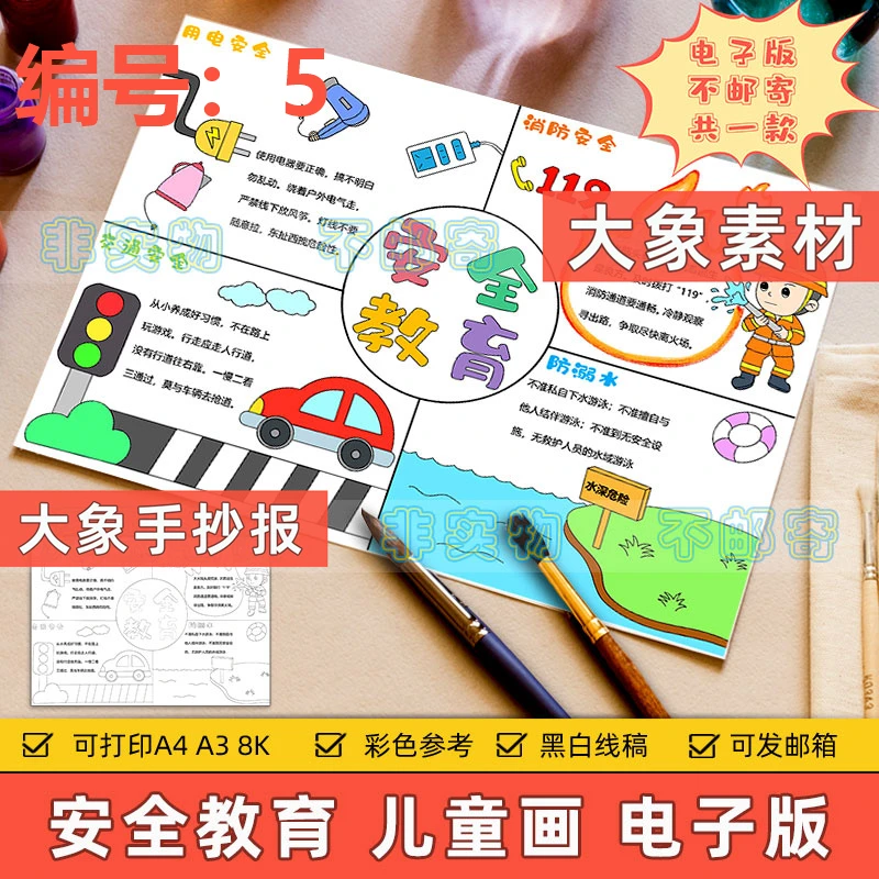 05安全教育四格手抄报电子版模板预防溺水触电交通消防