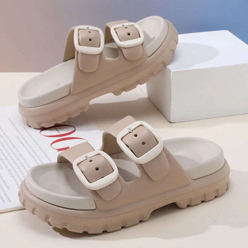 SHEJI/奢迹一字带勃肯鞋女搭扣凉鞋2024新款夏季厚底凉拖鞋外穿