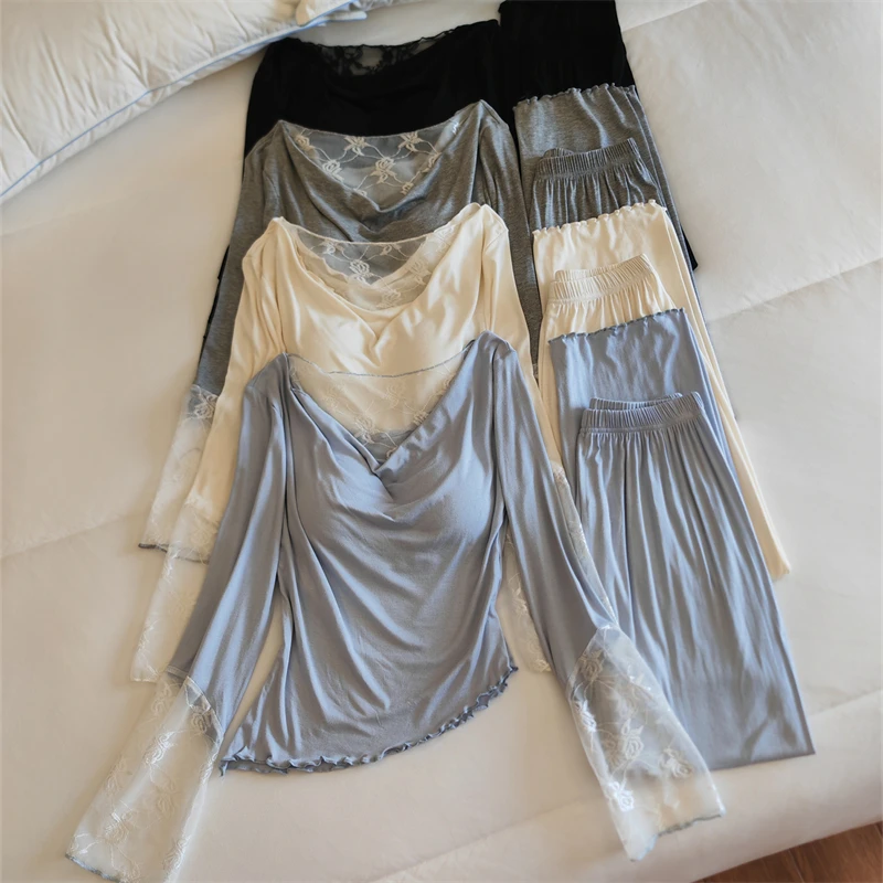 莫代尔睡衣女春秋季韩版千金风性感带胸垫显瘦冬季长袖家居服套装