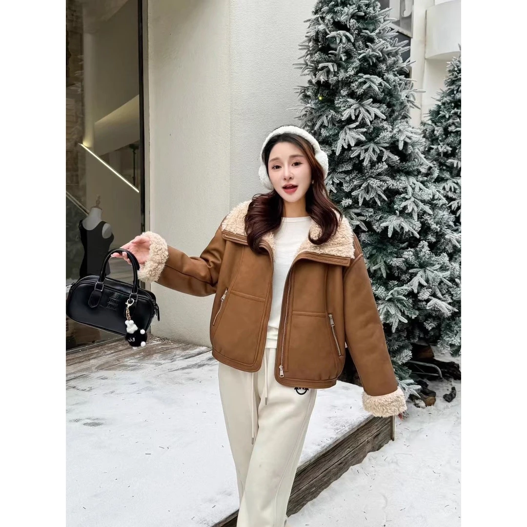 韩版冬季pu加绒保暖短款外套小个子百搭翻领派克服加厚休闲上衣女