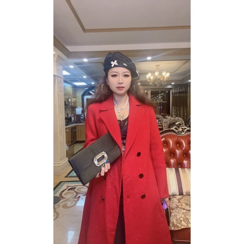 4024大衣女长款系带红色大衣气质修身高端外套