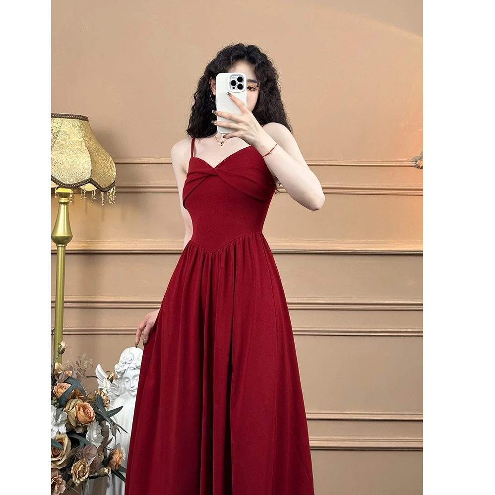 DUODUOLA【爱如火】红色吊带连衣裙女夏复古法式气质裙子森系长款女
