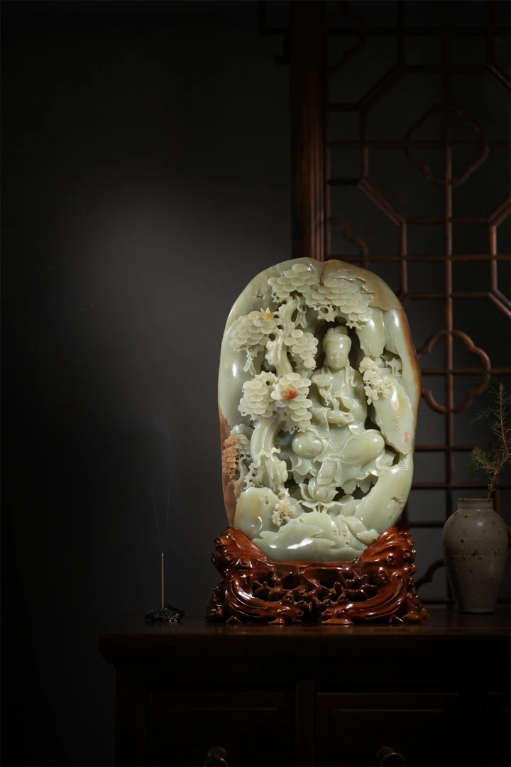 宝石猎人家族丨和田玉青黄口摆件—观音山