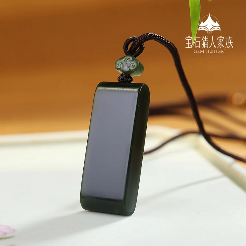 宝石猎人家族和田玉墨青百搭平安无事牌青岚-朝云-天阙玉牌情侣款