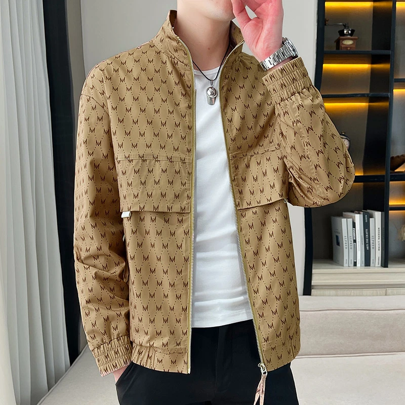 2024新款立领夹克男青年潮牌时尚高级印花休闲春秋季薄款男士外套